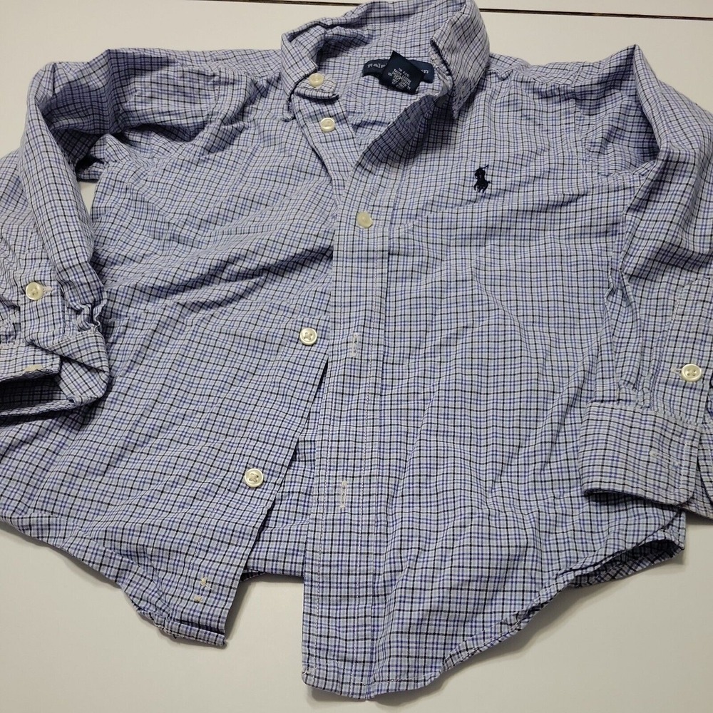 Ralph Lauren Button Down Boy 3t Collar Shirt Striped Long Sleeve Blue Cotton Top